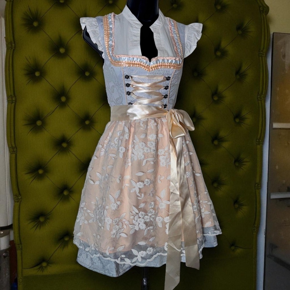 XL Dirndl Dress German Austrian Oktoberfest Party Lace Floral Light Blue Beige